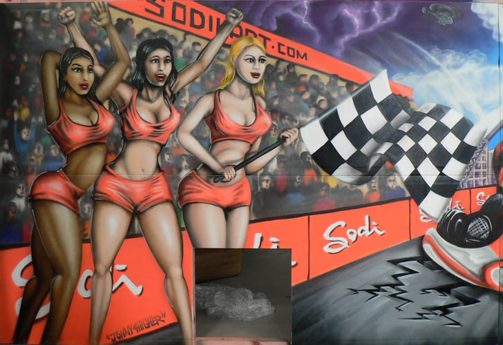 Sodi Racing Team Karts workshop interior mural by Auckland artist Jonny 4Higher